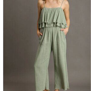005.Spaghetti Strap Tiered Ruffle Unfinished Hem Jumpsuit